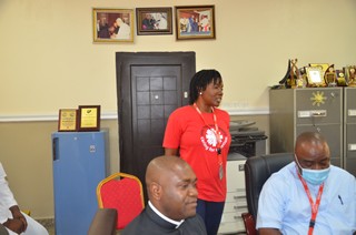 Nkese Maria Udongwo, Director of Humanitarian Services flanked by Fr Isaac Dugu and Fr Obodoechina during the courtesy visit